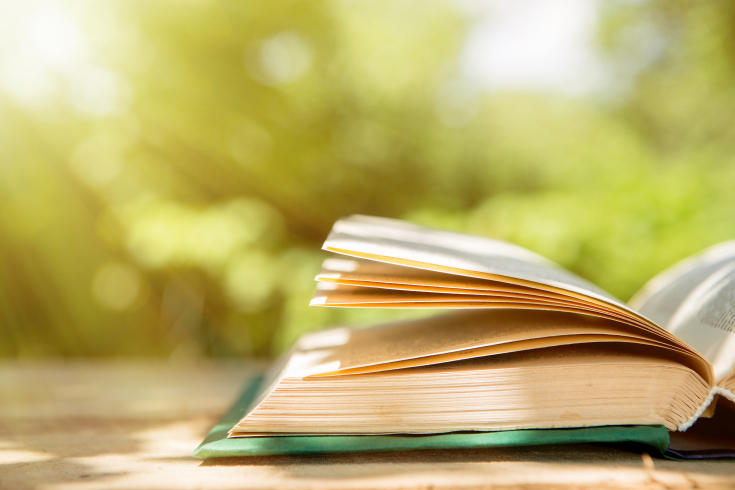 Aufgeschlagenes Buch liegt auf einem Tisch bei schönem Wetter